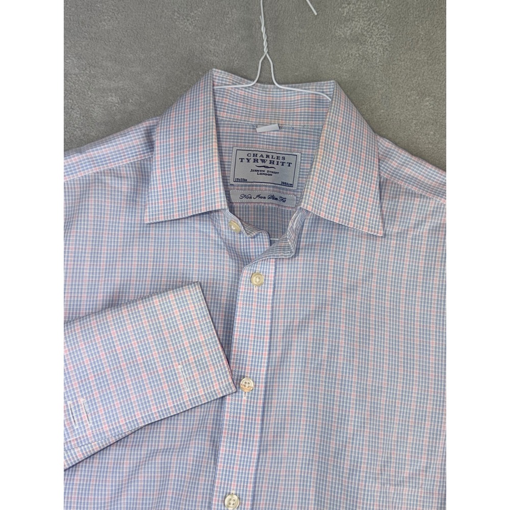 Charles Tyrwhitt 15.5X33 Slim Fit French Cuff Non-Iron Shirt Blue Pink Check